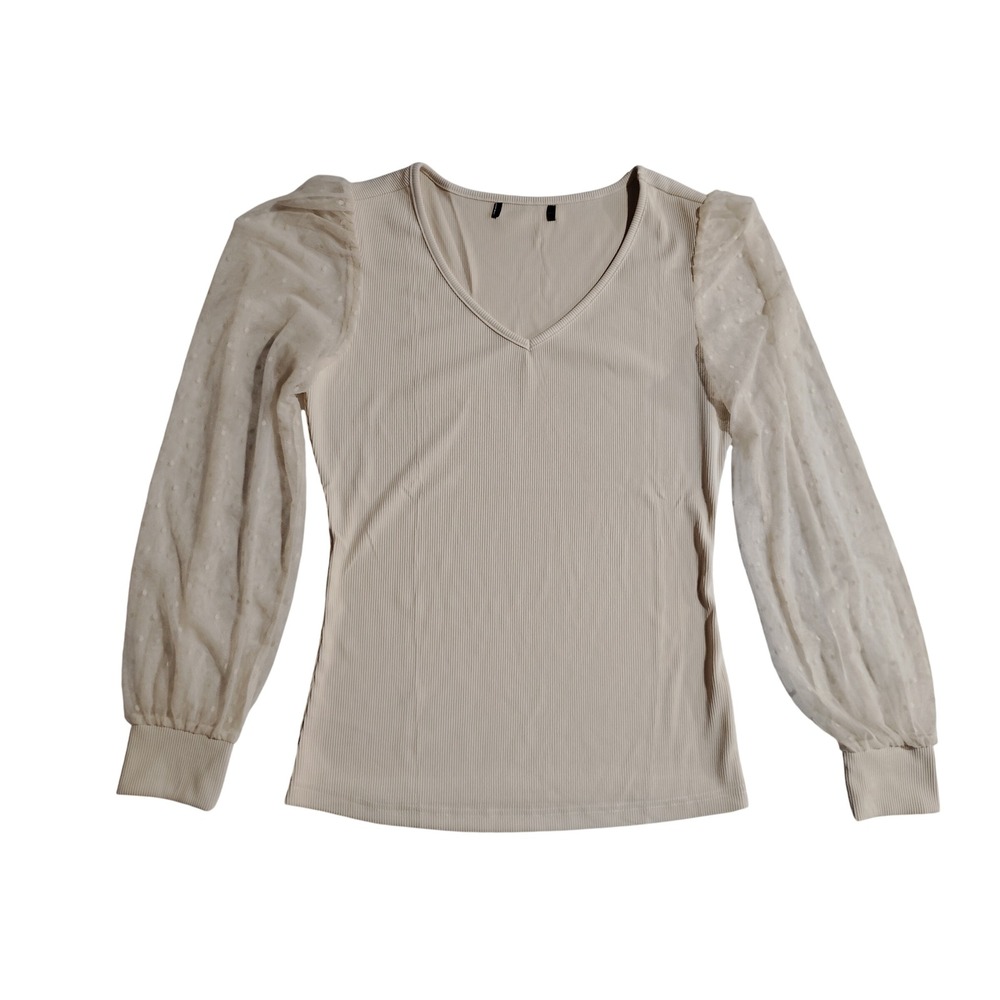 Cream Ribbed V-Neck Top with Sheer Swiss Dot‎ Puff Sleeves